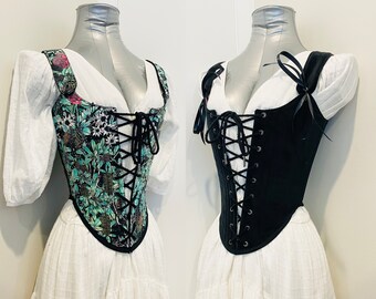 22” Black & Green Austaliana Flora Design Cotton and Black Velvet Reversible French Open Front Bustier Overbust Corset