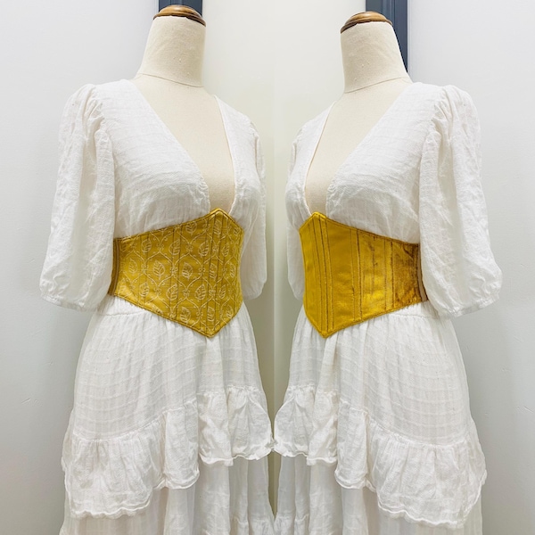 Cinturón corsé reversible de algodón y terciopelo dorado amarillo con hojas doradas beige de 26"