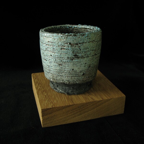 Heavily Grogged Raku Cup with Blue and Copper Glaze