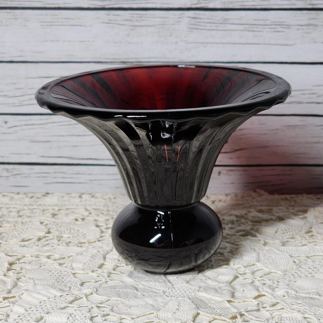 Hand Blown Ruby Red Ribbed Glass Vase Trumpet Flared Top Round Base ...