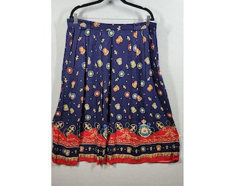Vintage Chaus Skirt Womens 16 Navy Blue Red Pleated Fleur De Lis Crest 90s Boho