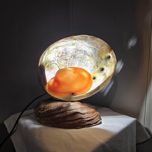 Vintage 60s Abalone Shell Lamp Mother of Pearl Coastal Beach Decor Night Light