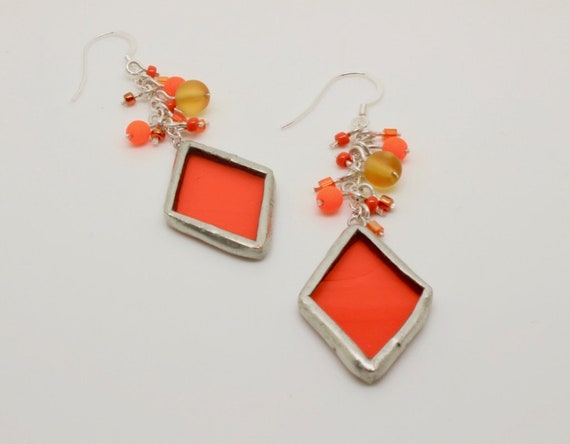 Orange Diamond, Bead Cluster Earrings