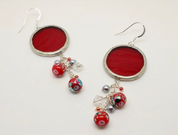 Red Circle Cluster Earrings