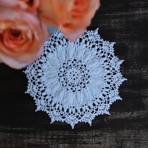 May include: White crocheted doily with a delicate floral design. The doily is circular and has a scalloped edge.