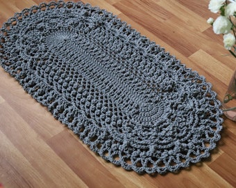 Gray crochet carpet 37” rug - 95 x 51 cm. 100% cotton, Donna, grey, home decor, living room, decoration, victorian, country, shabby, relief