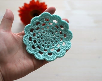 Crochet coaster, 10 cm, doily, shabby, boho. vintage, lace, decor, home, hygge, gift, doilies, table, runner, cloth, blue gift, yellow, teal