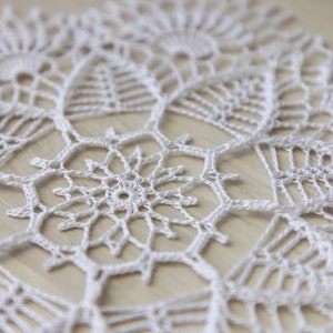 Può includere: Un centrino bianco all'uncinetto con un design delicato e intricato. Il centrino è fatto di filo sottile e ha una forma circolare.