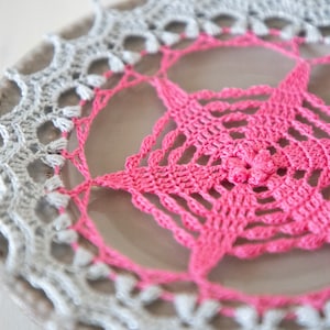 Silver gray and pink crochet doily Libena, 8 in, 20 cm