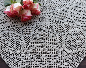 Crochet doily 23" 58 cm linen cotton, tablecloth vintage style décor home farmhouse housewarming lace shabby boho napperon serwetka centrino