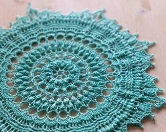 Teal blue crochet doily, 26 cm