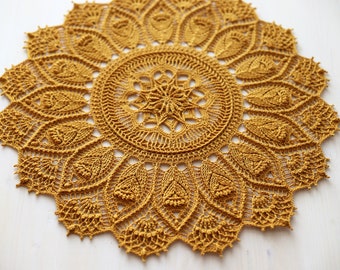 Gold crochet doily, 45 cm, Icarus designed by Grace Fearon, crochet doily, gold doily, doilies, crochet tablecloth, tablecloth, home decor