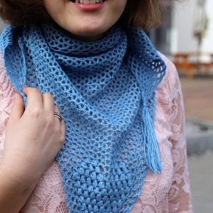 May include: A light blue crocheted scarf with a fringe. The scarf is made with a delicate openwork pattern.