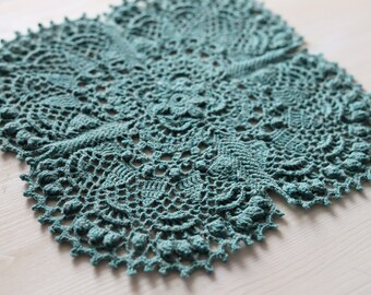 Green Linen Doily 12” for St. Patrick's Day, round, wedding, vintage, decor, shabby, boho, lace, interior, gift, retro, village style mother