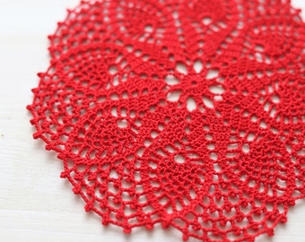 Red Crochet Doily: Vintage Style Cotton Lace, 19cm