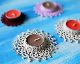 Christmas candlesticks - purple, dark-red and natural - gift decor home crochet decoration handmade homemade unique boho shabby vintage lace