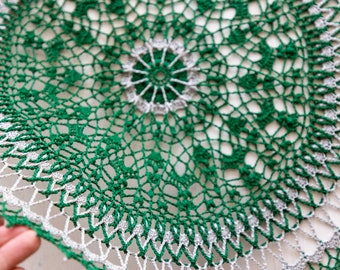 Tapete de ganchillo verde y plateado - Encaje de algodón de 45 cm
