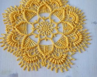 Textured yellow doily, designed by Nadezhda Lobanova, crochet doily, decor, handmade, relief, handmade, doilies, tablecloths, coasters, boho