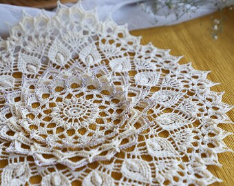 Wedding beige crochet doily Petals designed by Aki Kasaishi, shabby chic decor, home decor, bride gift, retro, vintage, texture doily, gift