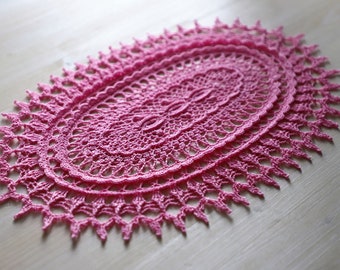 Pink oval doily Sherry, designed by gull808, crochet doily, tablecloth, textured doily, coaster, shabby, vintage, boho, table runner, home