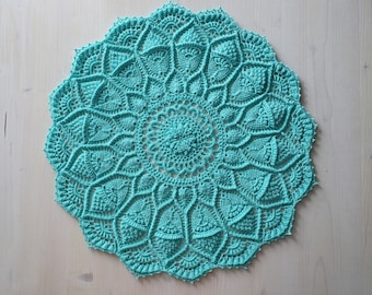 Teal blue crochet doily, Athena, designed by Grace Fearon, 43 cm, crochet doily, textured doily, tablecloth, coaster, vintage, 3d doily, diy