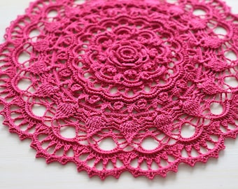 Pink crochet doily Rose, 35 cm, textured doily, tablecloth, 3d doily, doilies, table runner, decor, home, hygge, shabby, boho, vintage lace