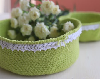 Set of 2 crochet baskets, green basket vintage lace decor organizing handmade gift Mother day hygge home shabby boho decorating wedding diy