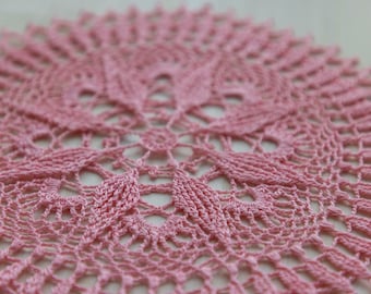 Pink crochet doily with floral ornament, Eglantine doily, 27 cm, designed by Olga Shalaeva, 100% cotton, crochet doily, doily for sale