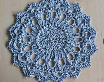 Crochet Blue Doily: 19&quot; Cotton Rug, Table Centerpiece