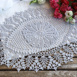 Silver gray crochet doily, 46x38 cm, oval tablecloth