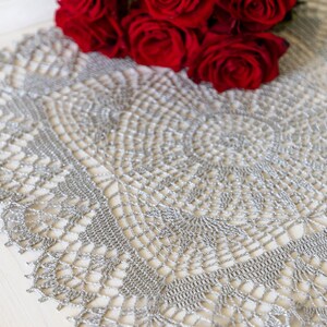 Silver gray crochet doily, square shaped, vintage pattern, 46 x 46 cm