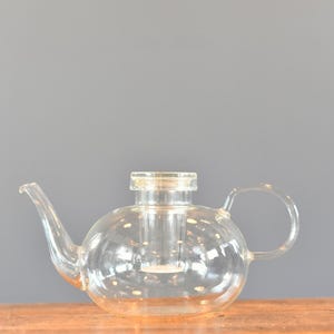 May include: A clear glass teapot with a rounded body, a curved spout, a circular handle, and a removable cylindrical glass infuser basket centered at the top opening. The teapot features a transparent design that allows for full visibility of the interior.