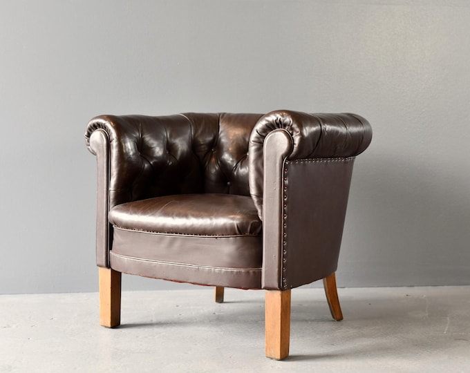Button Back Leather Club Chair Circa 1940s