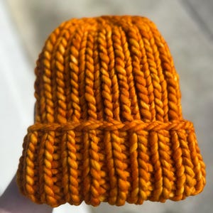 Orange Folded Brim hand knit beanie, Soft + Squishy, Sustainable 100% Merino Wool, Toque, Chunky Warm Winter Hat, Removeable Large Pom-Pom,