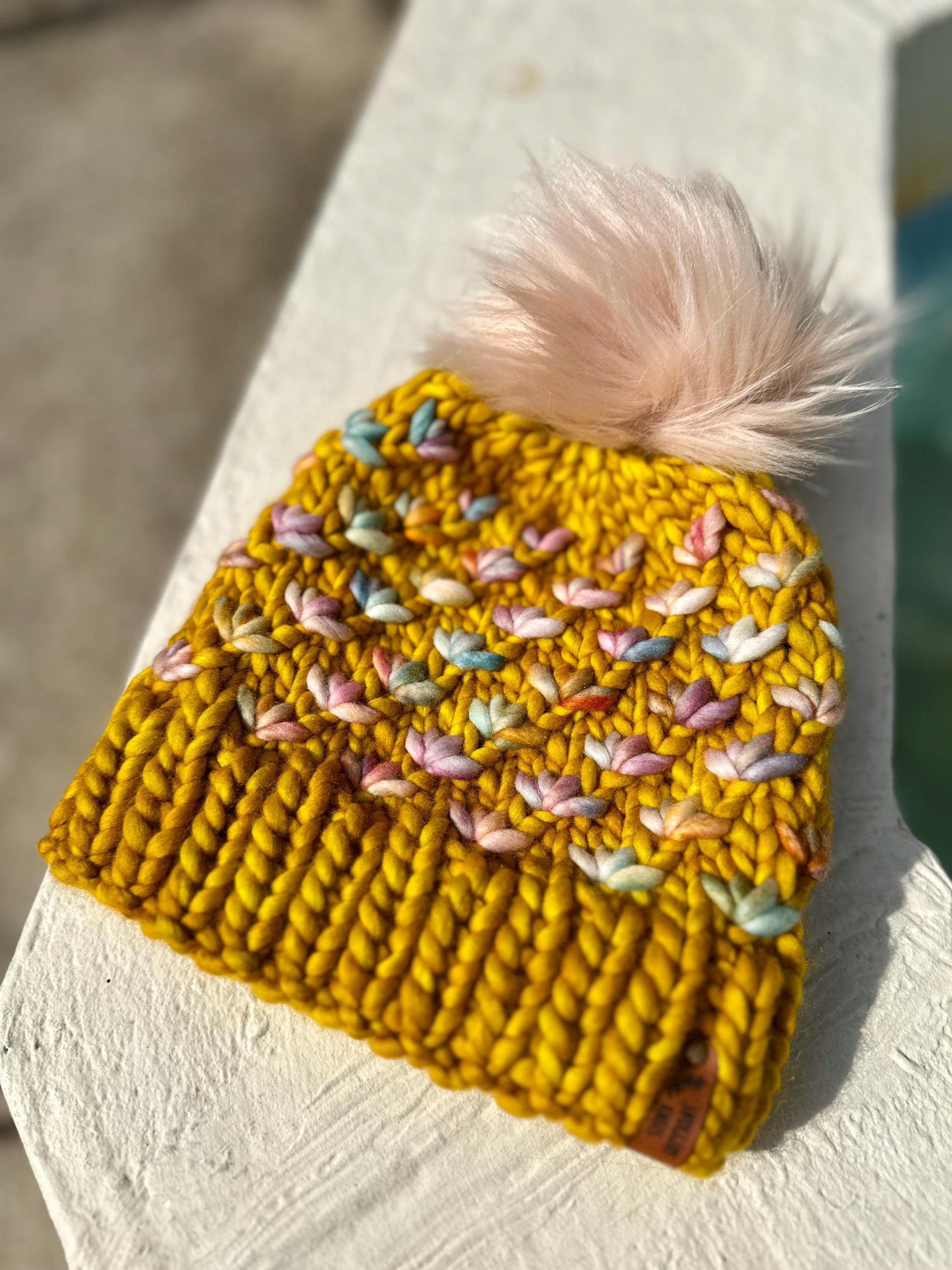 Lotus Flower Beanie, hand knit beanie, Soft + Squishy, 100% Merino Wool, Toque, Chunky Warm Winter Hat, Removeable Large faux-fur Pom-Pom