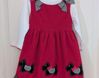 Vintage Girls 4T Red Corduroy Scottie Dog Dress
