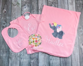 BABY PERSONALISED EMBROIDERED GIFT SET BIB VEST BLANKET CHILD NAME AND ELEPHANT 