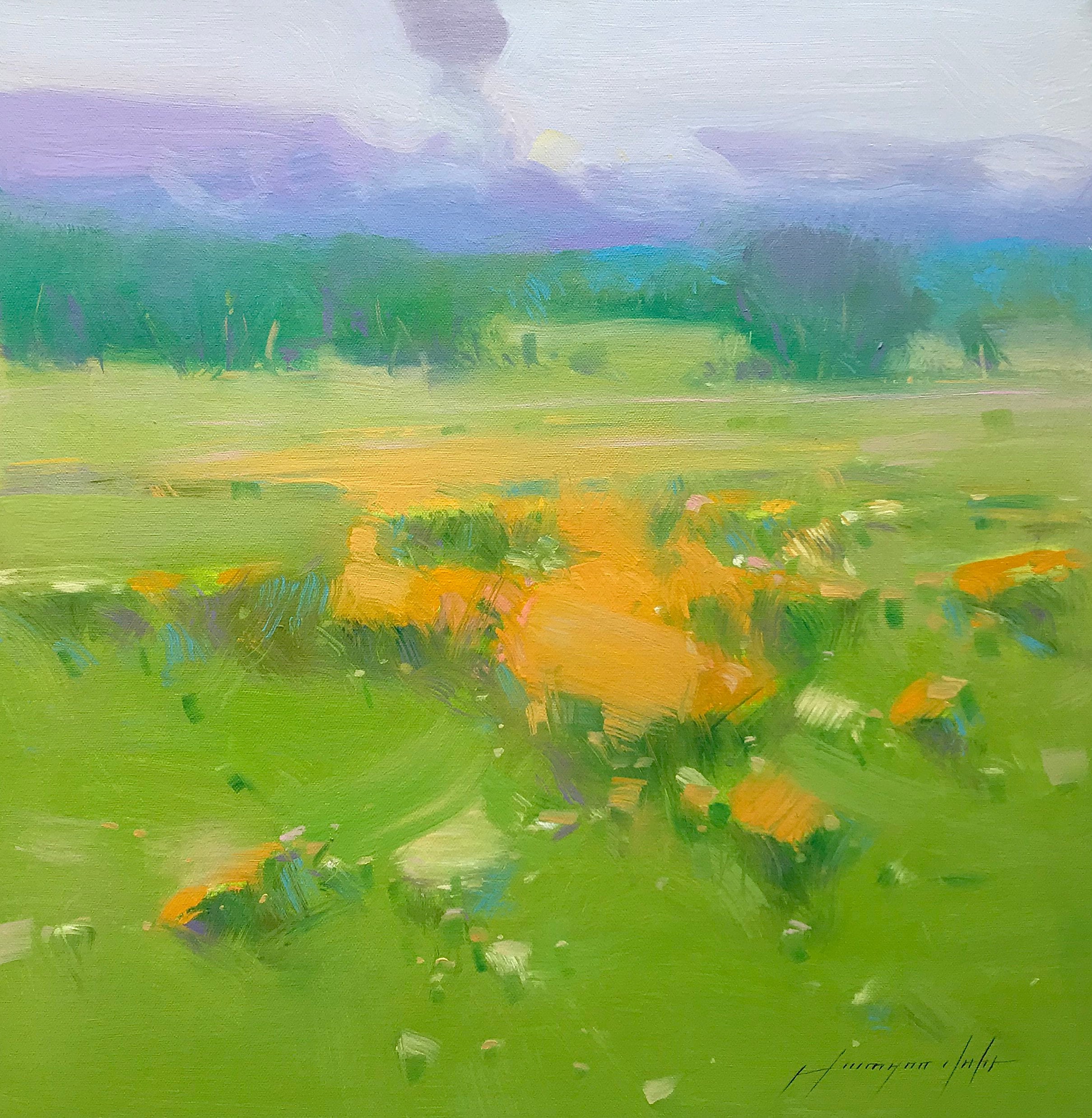 夏の野原、風景、オリジナル油絵、手作りのアートワーク、唯一無二