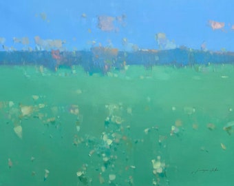 Cobalt Field, Landscape Original oil Painting, Handmade artwork, One of a kind