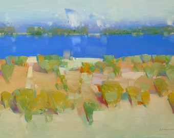 秋の湖、風景油絵、オリジナルアートワーク、唯一無二