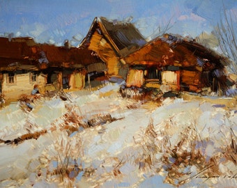 Village Landscape Original Oil Painting in Handmade Classic Impressionism Fine Art One of a Kind Nature Spring Winter Season