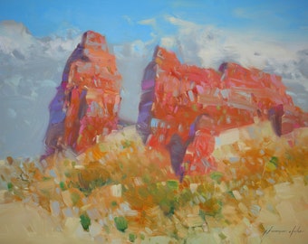 Piedra roja, Paisaje Pintura al óleo original, Obras de arte hechas a mano, Único en su tipo