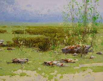 Emerald Meadow, Painting in Handmade, Original oil Painting on Canvas,  One of a Kind, Impressionism