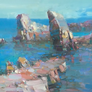 Klippen, Meerlandschaft Original Ölgemälde, handgefertigtes Kunstwerk, großformatiges Gemälde, Unikat