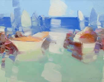 Fishing Boats, Original oil Painting, Handmade artwork, One of a kind