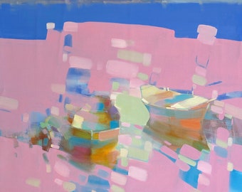 Canoes, Impressionism, handmade artwork, One of a kind