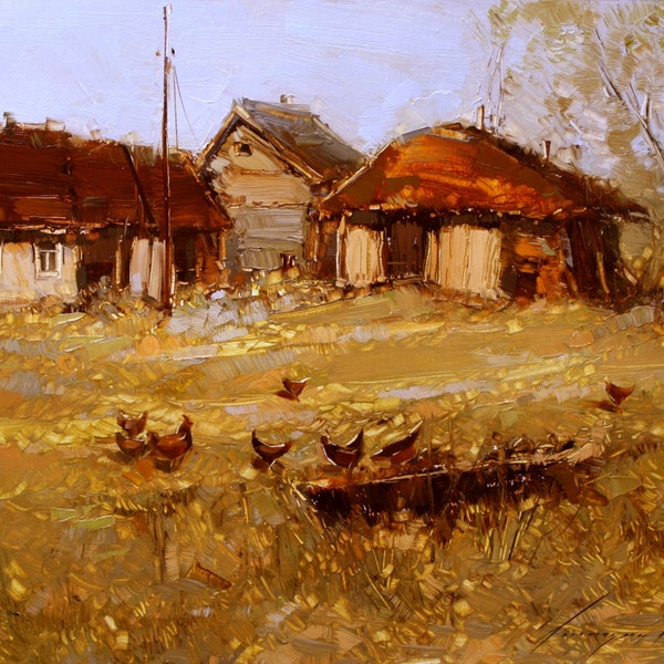 Village scene autumn, landscape, oil on canvas, original painting, nature, classic art, ocher, 16 x 20 in, impressionism