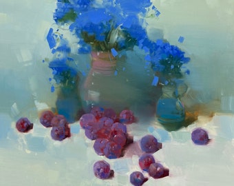 Still Life with Plums, Original oil painting, Handmade artwork, one of a kind