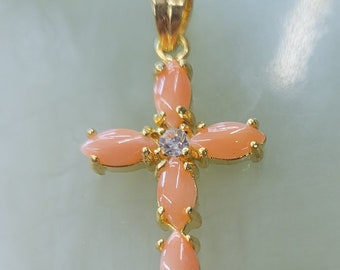 Natural Coral Cross  1",   Gold Plated Pink Coral with CZ center Pendant