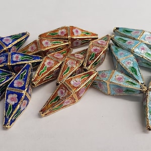 9 x 32 mm Diamant / Doppelkegelförmige Cloisonne Perlen in Hellblau/Orange/Königsblau (Verkauft durch 6 Stück)